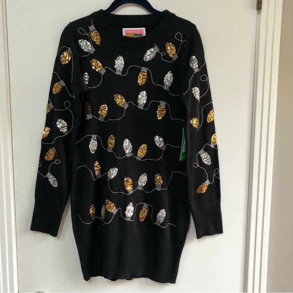Tipsy Elves black knit silver and gold string lights size M NWT shimmer shine - Picture 2 of 15